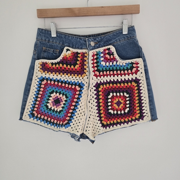 Farm Rio Multicolored High Rise Crochet Denim Shorts - Picture 2 of 6